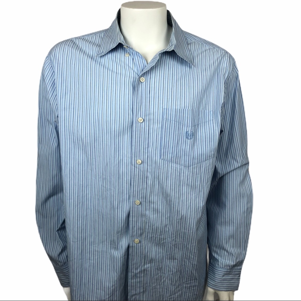 CHAPS Men's Striped Casual Dress Shirt-Sz L, Long Sleeve Blue Pinstripes, Cotton